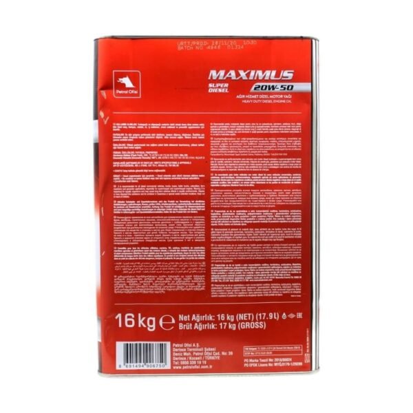 Petrol Ofisi Maximus Super Diesel 20W50 16 Kg Motor Yağı