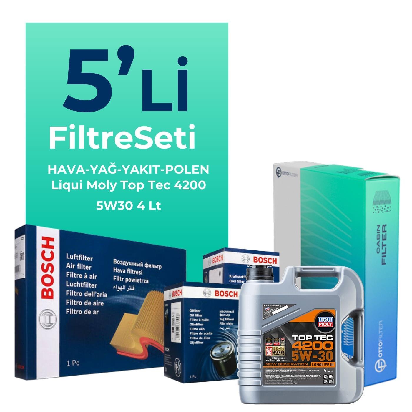 BOSCH Fiat Linea 1.3 Dizel Filtre Bakım Seti Liqui Moly Motor Yağlı EURO 5 (2009-2017) 5 Li