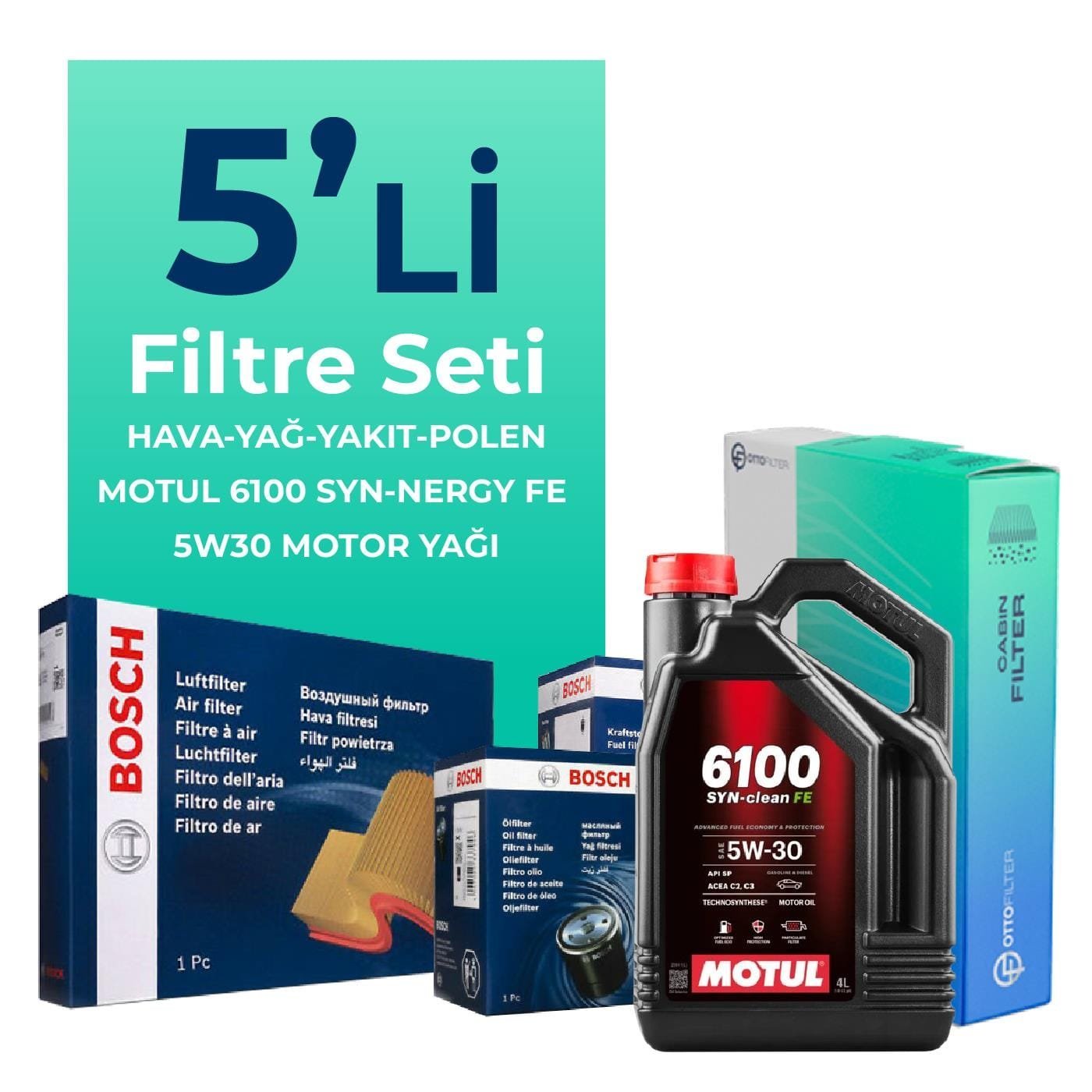 BOSCH Ford Fiesta 1.6 Dizel Filtre Bakım Seti Motul Motor Yağlı (2009-2013) 5 Li