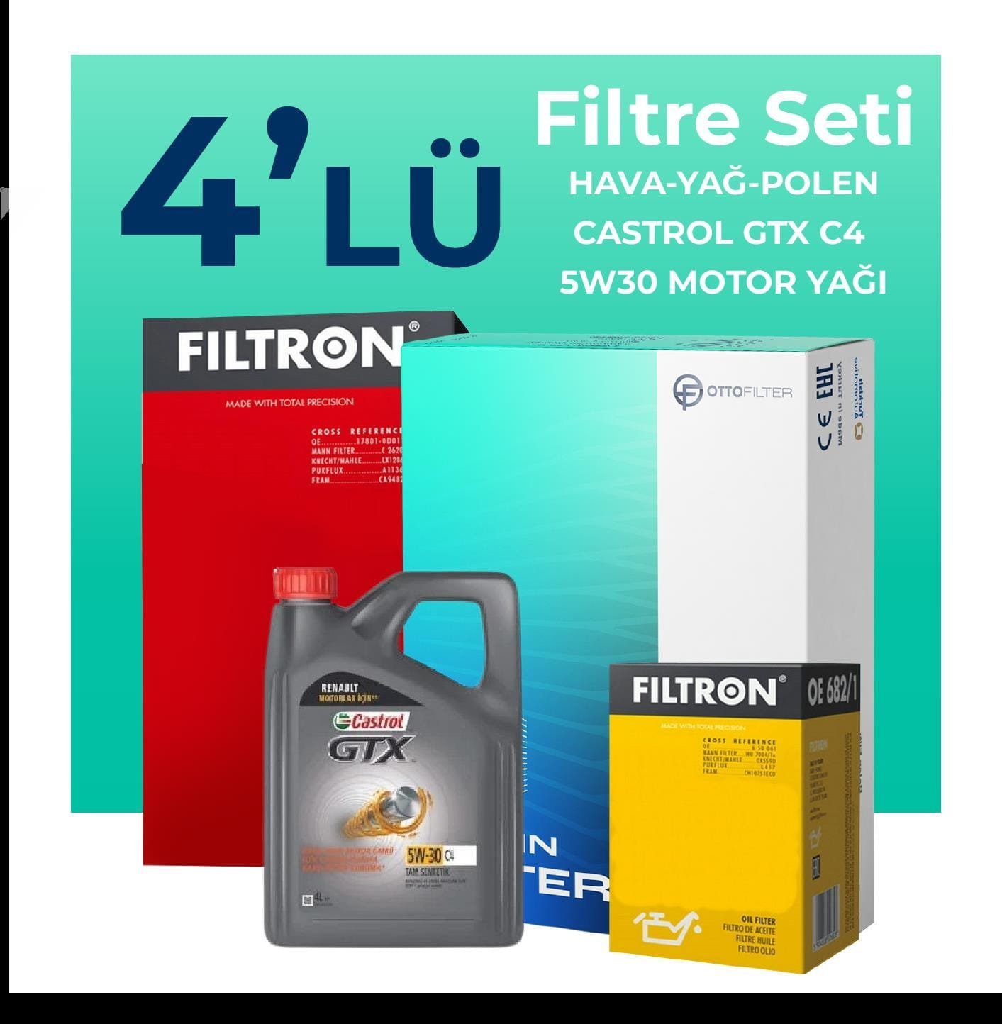 Filtron Dacia Sandero 1.5 Dizel Filtre Bakım Seti Castrol Motor Yağlı (2012-2018) 4 Lü