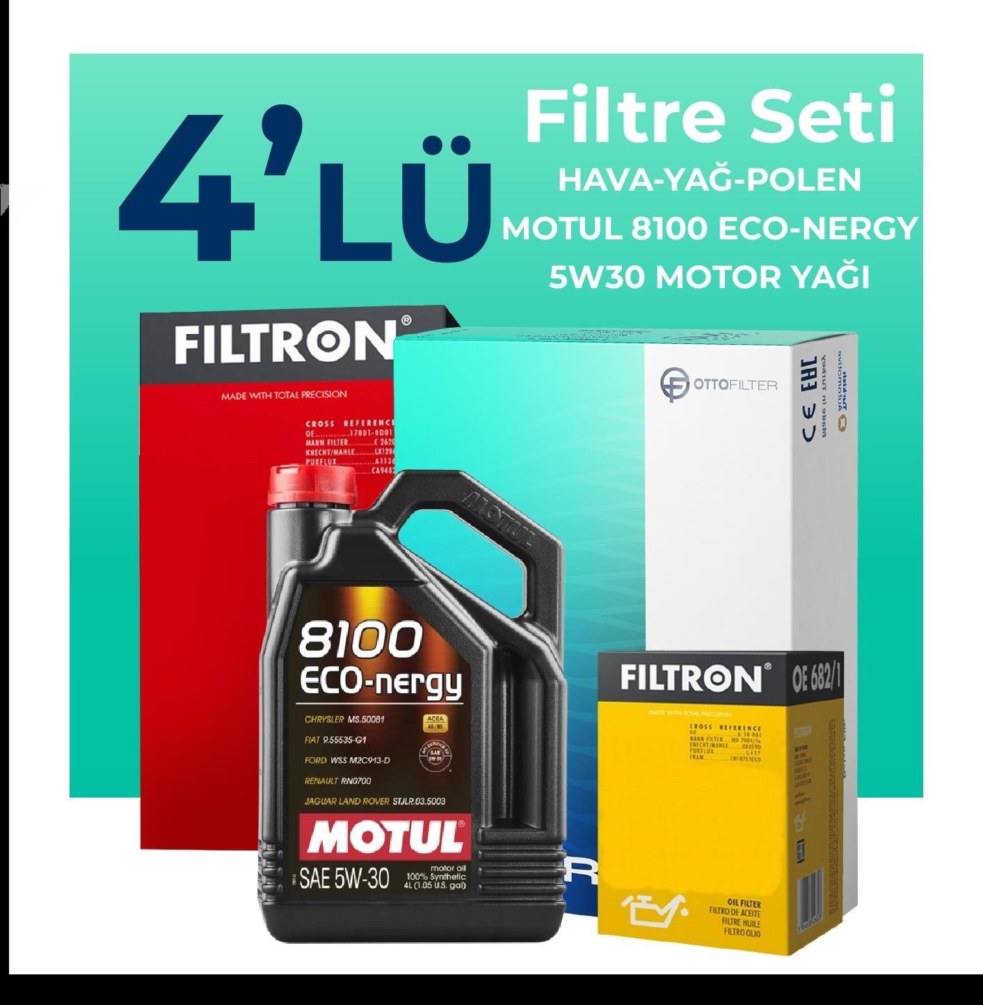 Filtron Fiat 500 1.2 Benzinli Filtre Bakım Seti Motul Motor Yağlı (2009-2020) 4 Lü