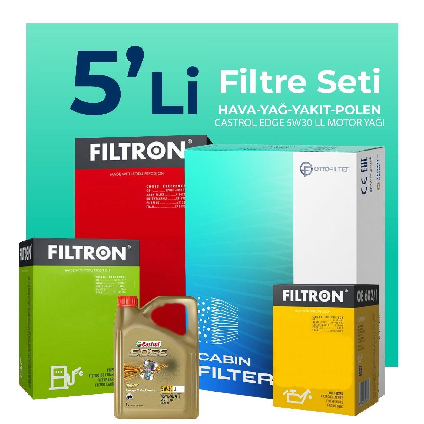 Filtron Volkswagen Polo 1.6 Dizel Filtre Bakım Seti Castrol Motor Yağlı (2018-2021) 5 Li