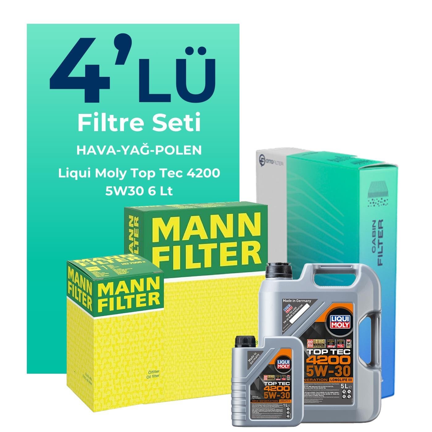 MANN Audi A6 3.0 Dizel QUATRO 272 HP Filtre Bakım Seti Liqui Moly Motor Yağlı (2014-2018) 4 Lü