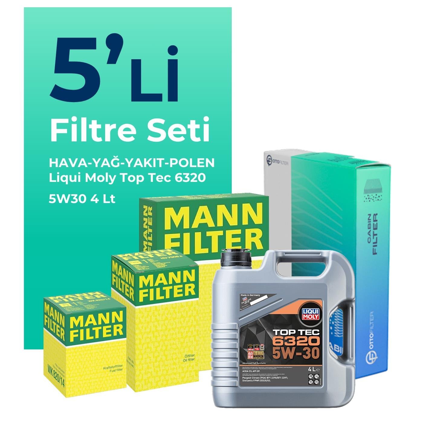 MANN Peugeot Rifter 1.5 Dizel Filtre Bakım Seti Liqui Moly Motor Yağlı (2019-2024) 5 Li