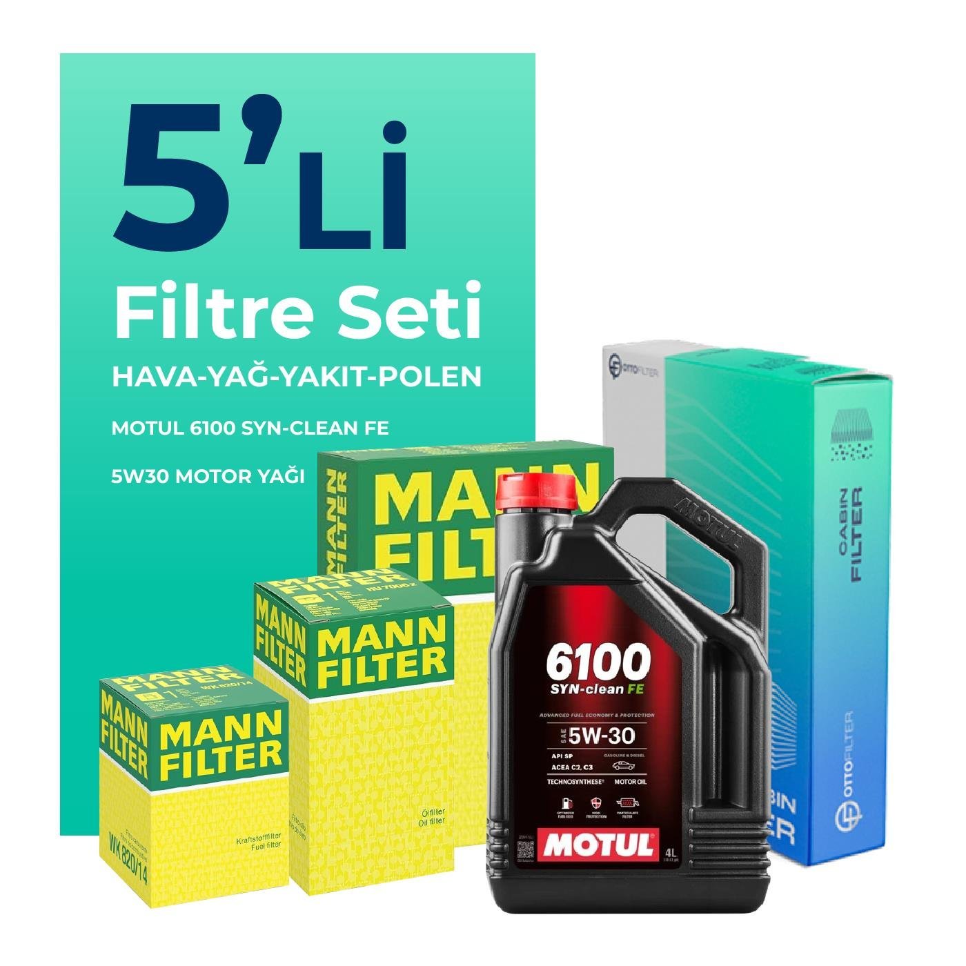 MANN Skoda Fabia 1.4 Dizel 70 ve 80 Beygir Filtre Bakım Seti Motul Motor Yağlı (2004-2008) 5 Li
