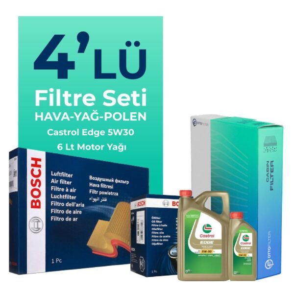 Bosch Audi A7 3.0 Dizel QUATRO 272 HP Filtre Bakım Seti Castrol Edge 5W-30 6 Litre Motor Yağlı (2014-2018) 4 Lü