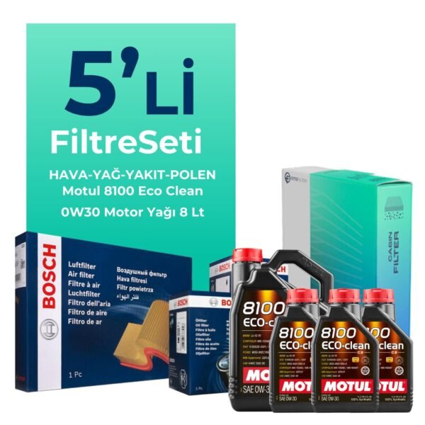 BOSCH Ford Transit Custom 2.0 Dizel Filtre Bakım Seti Motul 8100 Eco-Clean 0W-30 8 Litre Motor Yağlı (2015-2023) 5 Li