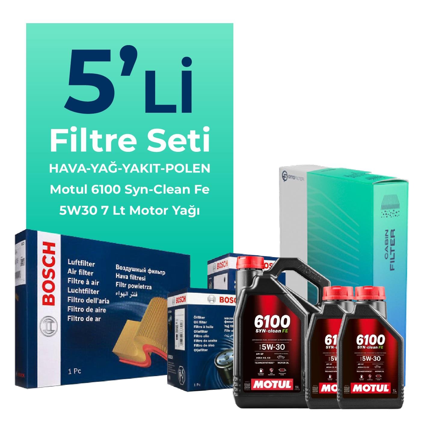 BOSCH Jeep Cherokee 2.8 Dizel Filtre Bakım Seti Motul 6100 Syn-Clean FE 5W-30 7 Litre Motor Yağlı (2008-2013) 5 Li