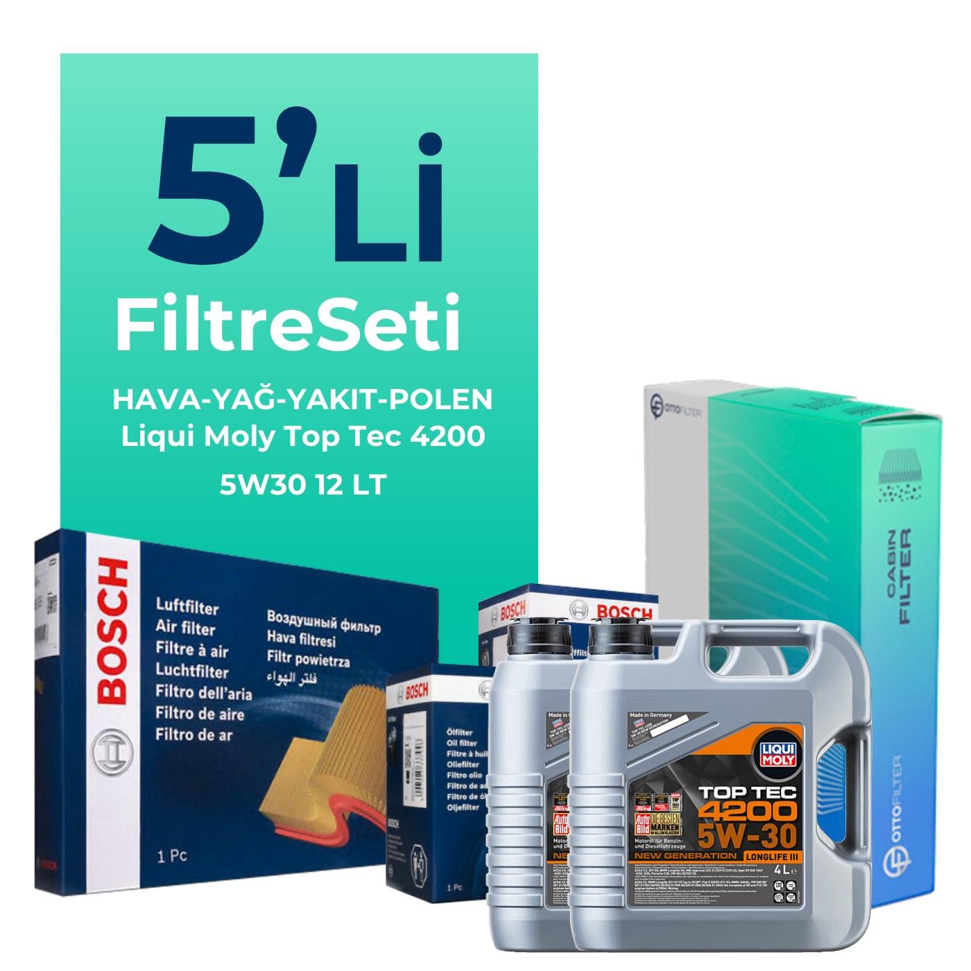 BOSCH Mercedes Sprinter 316 Dizel Filtre Bakım Seti Liqui Moly Top Tec 4200 5W-30 12 Litre Motor Yağlı (2011-2021) 5 Li