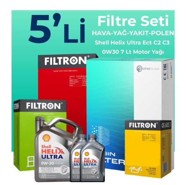 Filtron Ford Courier 1.5 EcoBlue Filtre Bakım Seti Shell Helix Ultra ECT C2 C3 0W-30 7 Litre Motor Yağlı (2018-2023) 5 Li