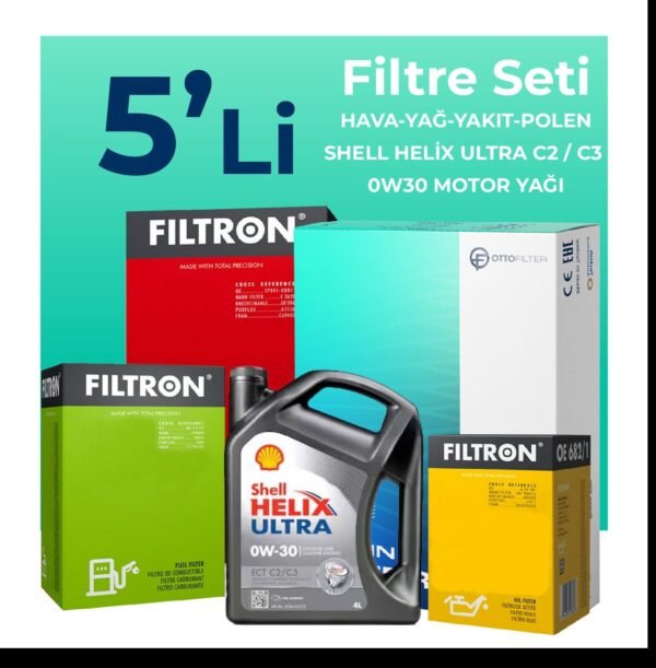Filtron Ford Tourneo Custom 2.0 Dizel Filtre Bakım Seti Shell Helix Ultra ECT C2 / C3 0W-30 8 Litre Motor Yağlı (2015-2023) 5 Li