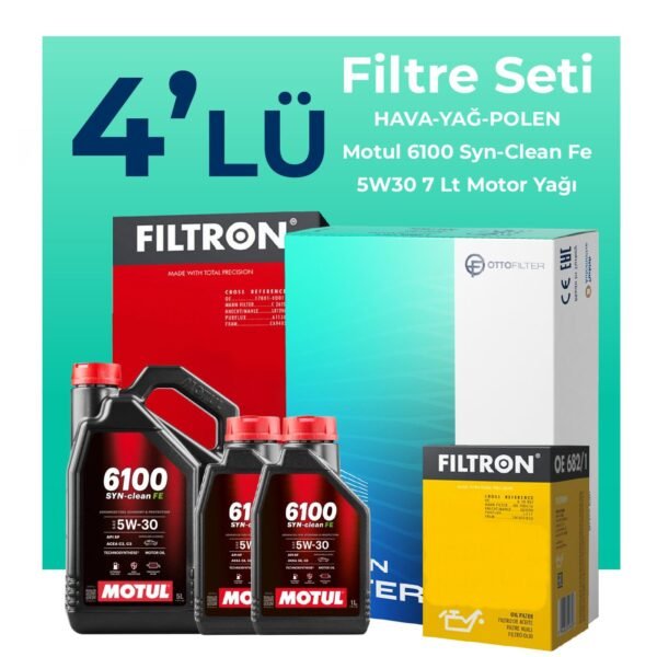 Filtron Ford Transit Custom 2.2 Dizel Filtre Bakım Seti Motul 6100 Syn-Clean FE 5W-30 7 Litre Motor Yağlı (2012-2019) 4 Lü