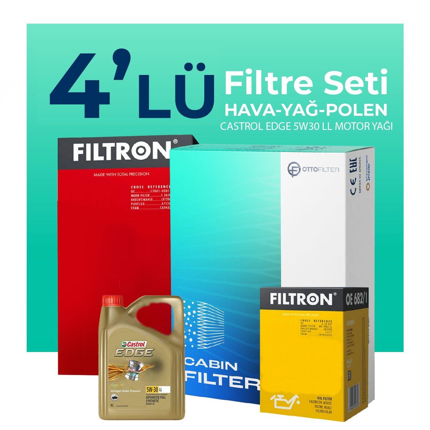 Filtron Mercedes ML280 Dizel Filtre Bakım Seti Castrol Edge 5W-30 8 Litre Motor Yağlı (2006-2010) 4 Lü