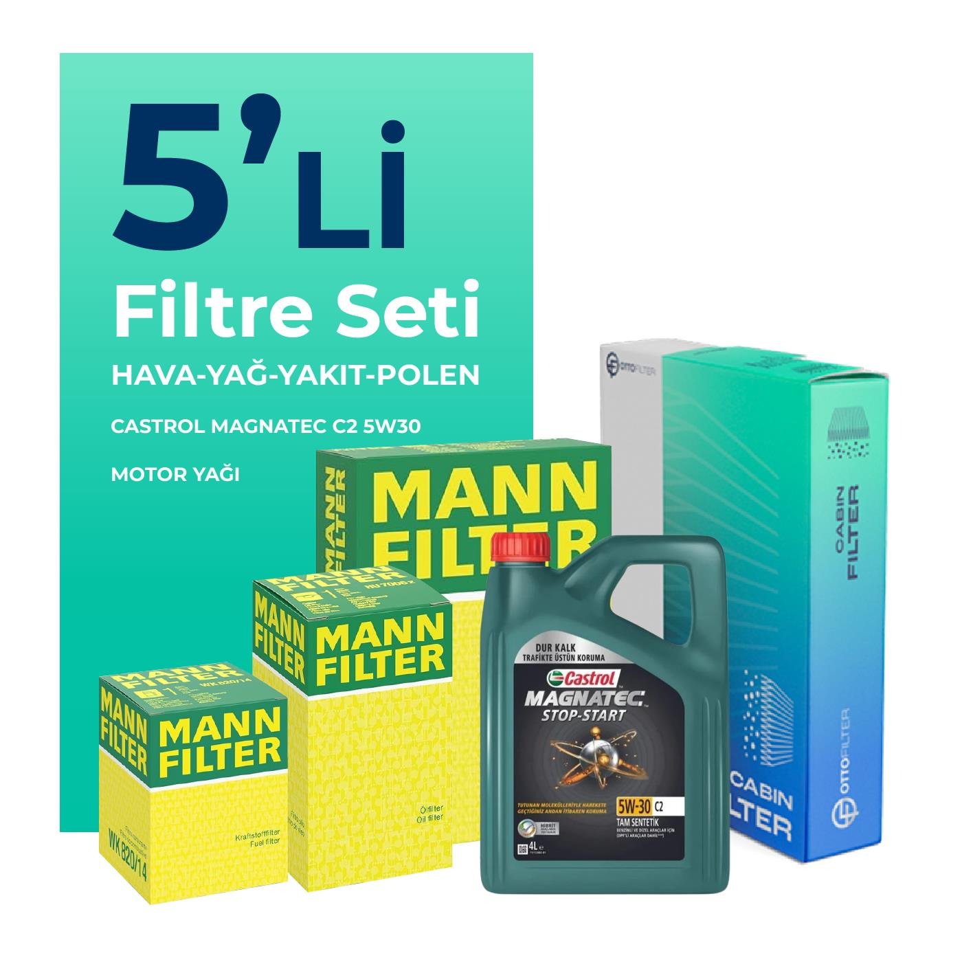 MANN Citroen C4 Cactus 1.6 Dizel Filtre Bakım Seti Castrol Magnatec C2 5W-30 4 Litre Motor Yağlı (2014-2020) 5 Li