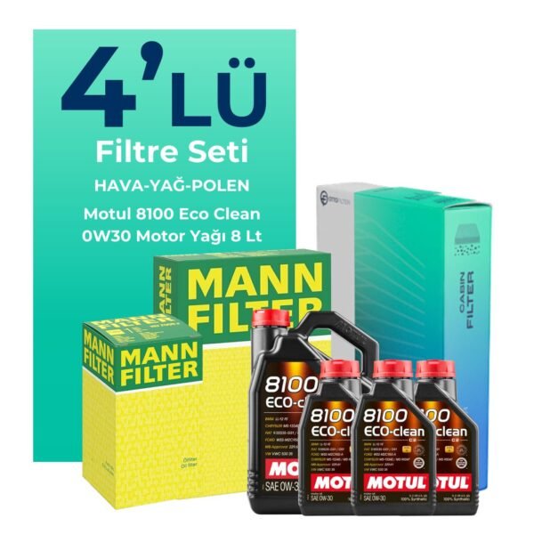 MANN Ford Transit Custom 2.0 Dizel Filtre Bakım Seti Motul 8100 Eco-Clean 0W-30 8 Litre Motor Yağlı (2015-2023) 4 Lü