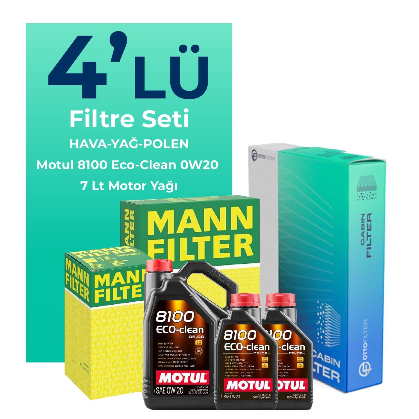 MANN Range Rover Sport 2.0 Benzinli Filtre Bakım Seti Motul 8100 Eco-Clean 0W-20 7 Litre Motor Yağlı (2017-2023) 4 Lü